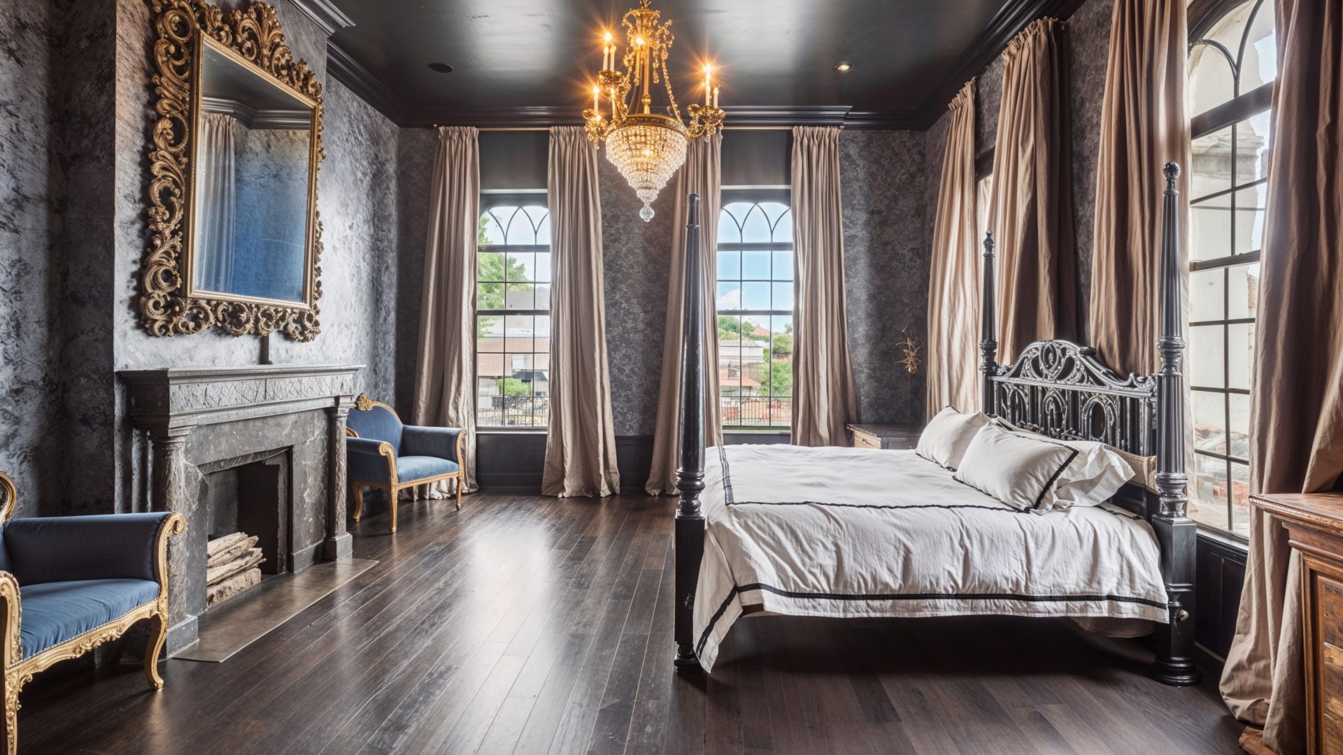 LaLaurie Mansion Master Bedroom Dark Walls Four Poster Bed New Orleans Gothic