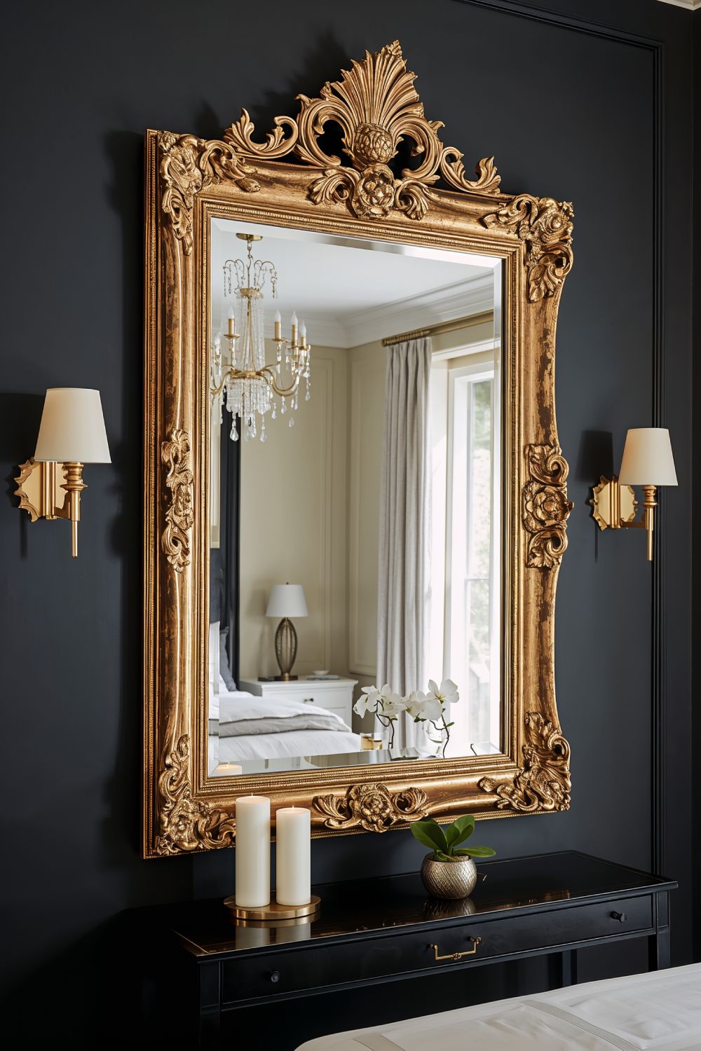 Large Gold Mirror On Black Wall Bedroom Decor