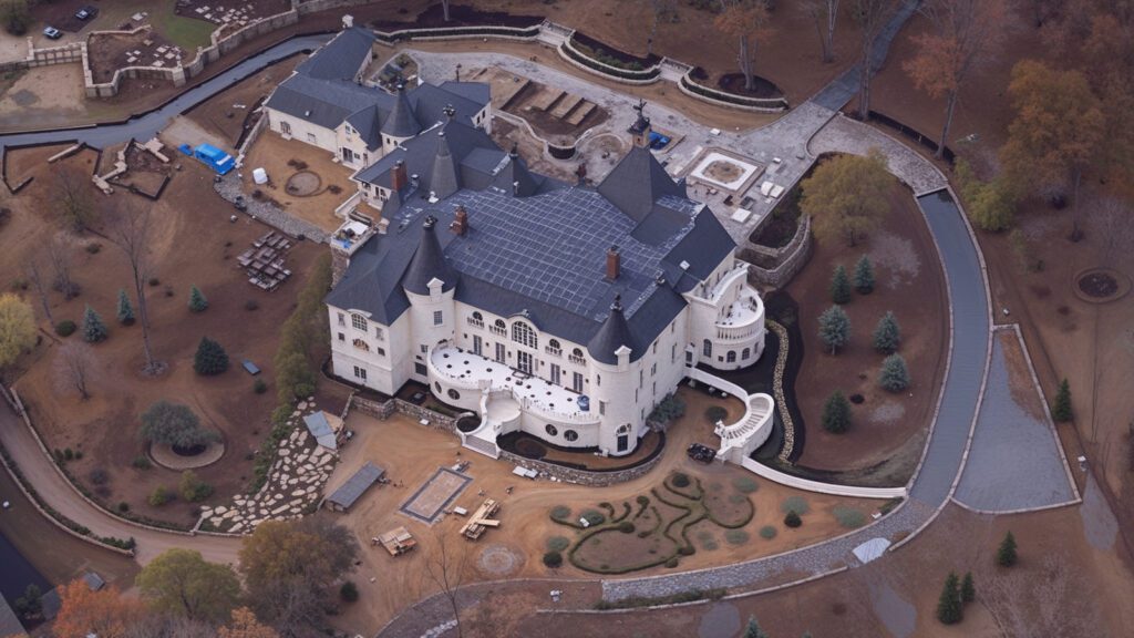 overhead angle showcasing mansion%e2%80%99s expansive grounds