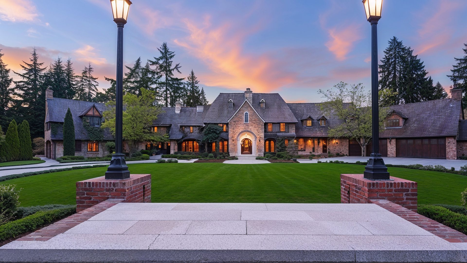 Grand Tudor Mansion Front Exterior At Sunset