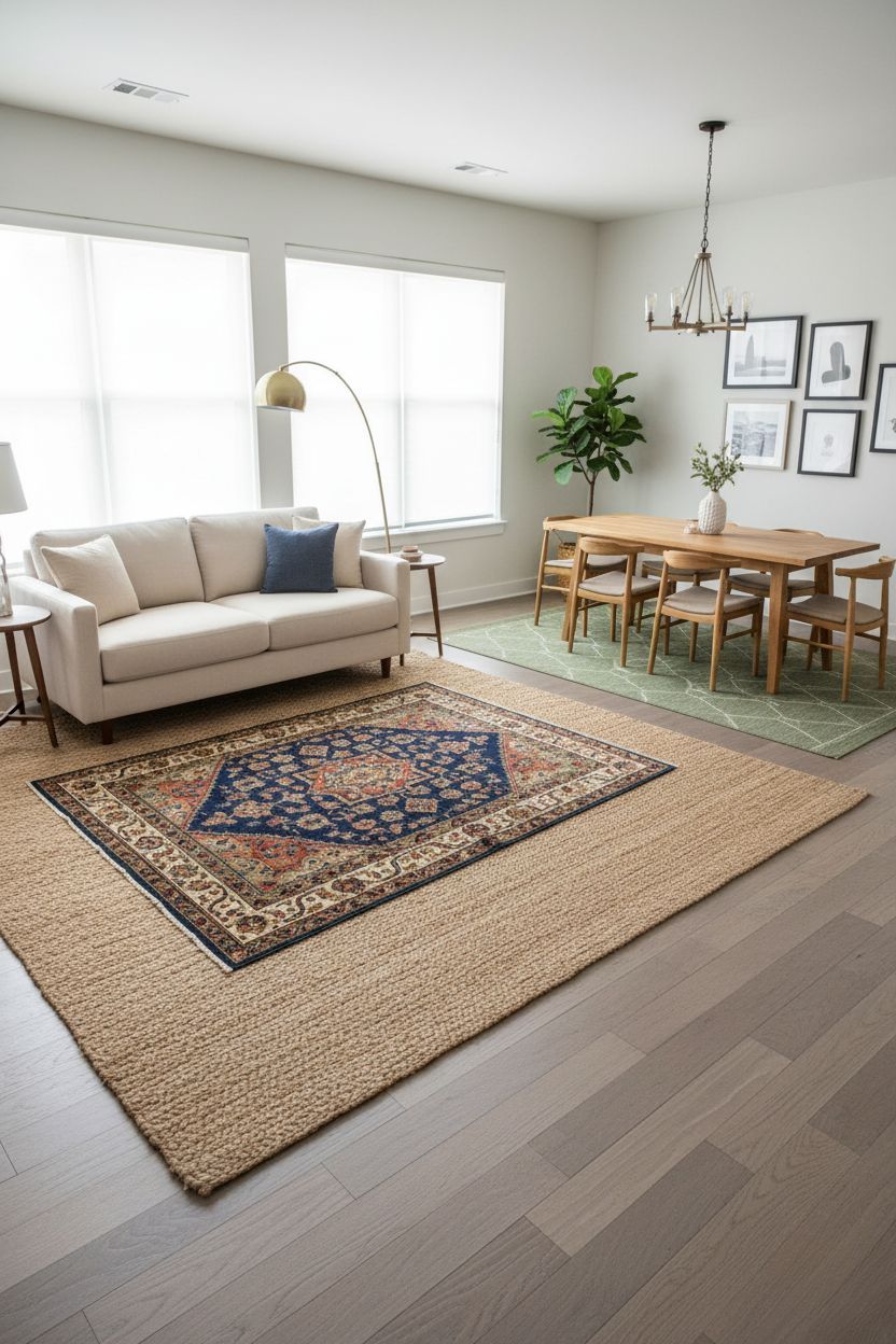 Layered Area Rugs Defining Living And Dining Zones In Small Apartment Combo Room