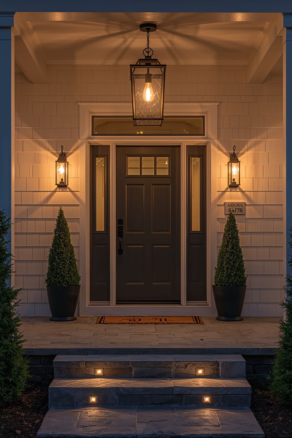 Layered Front Door Lighting With Matching Sconces And Pendant Fixtures