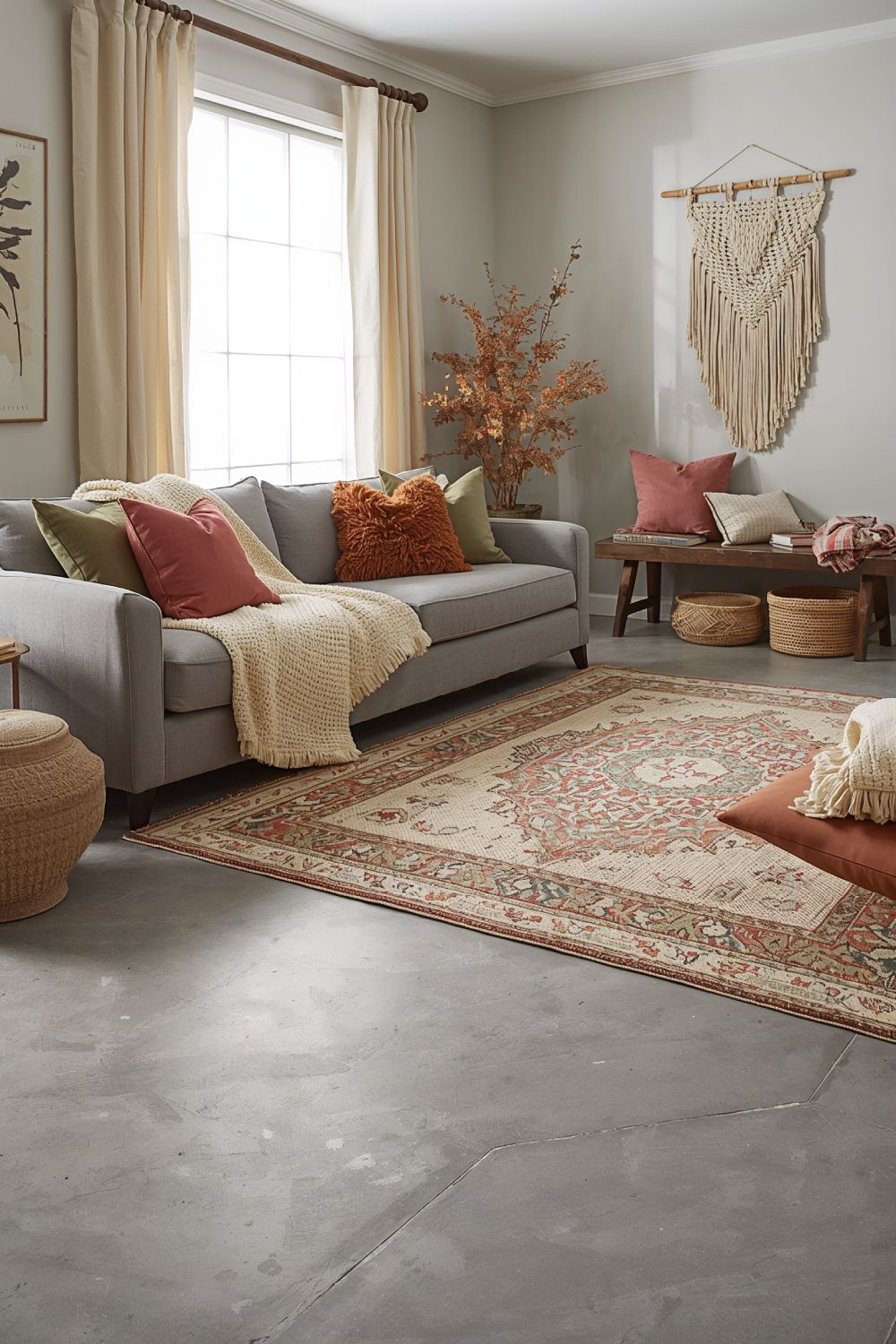 Layered Textiles And Grey Floors Living Room Styling