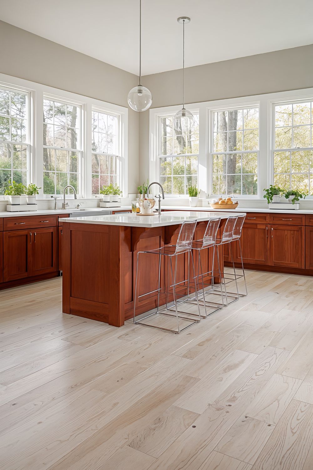 Light Ash Wood Flooring With Cherry Cabinets