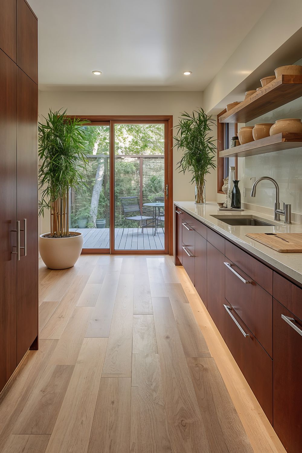 Light Bamboo Hardwood Flooring With Dark Cherry Cabinets