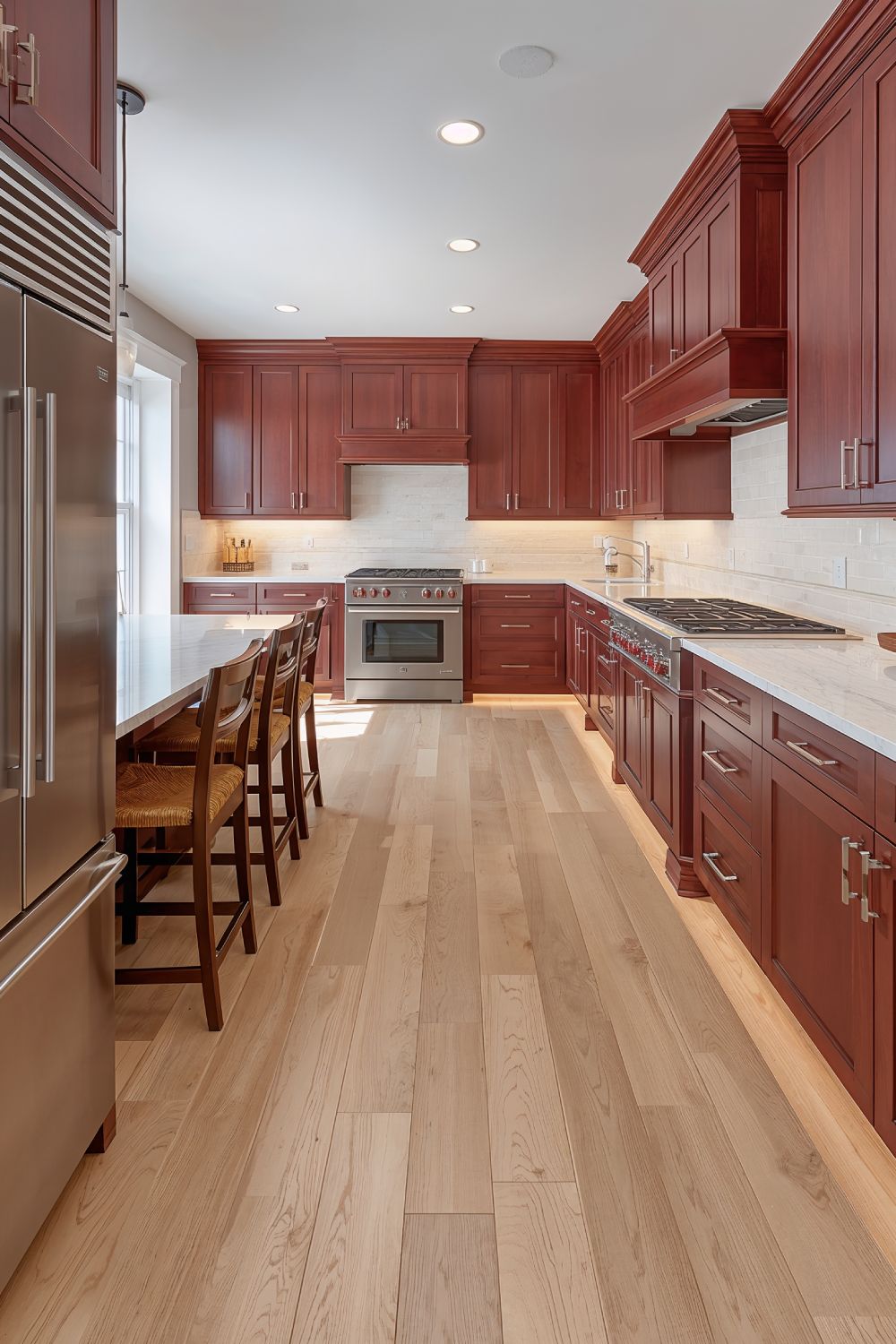 Light Maple Hardwood Floors Contrasting With Dark Cherry Kitchen Cabinets