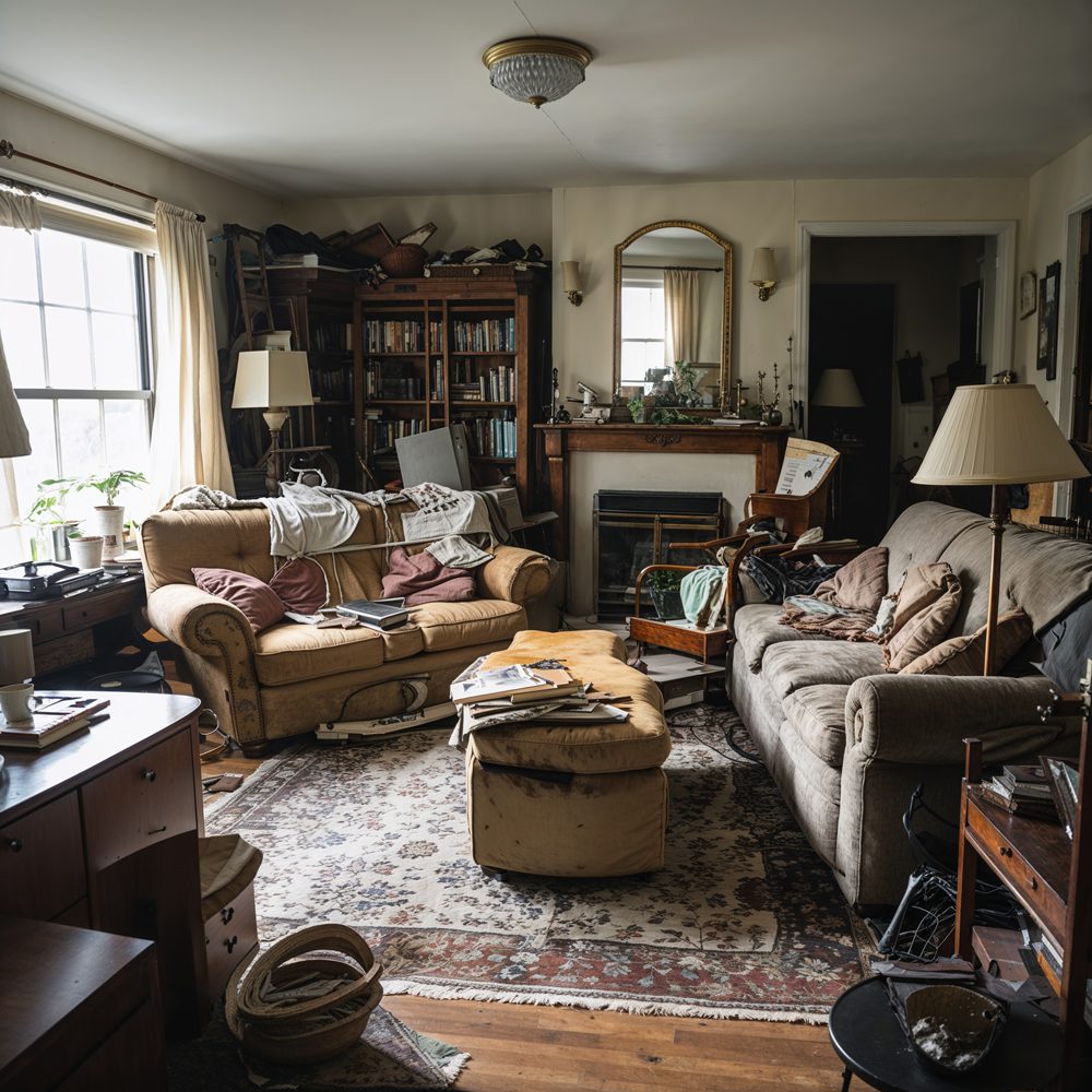 Living room before makeover - cluttered and dysfunctional