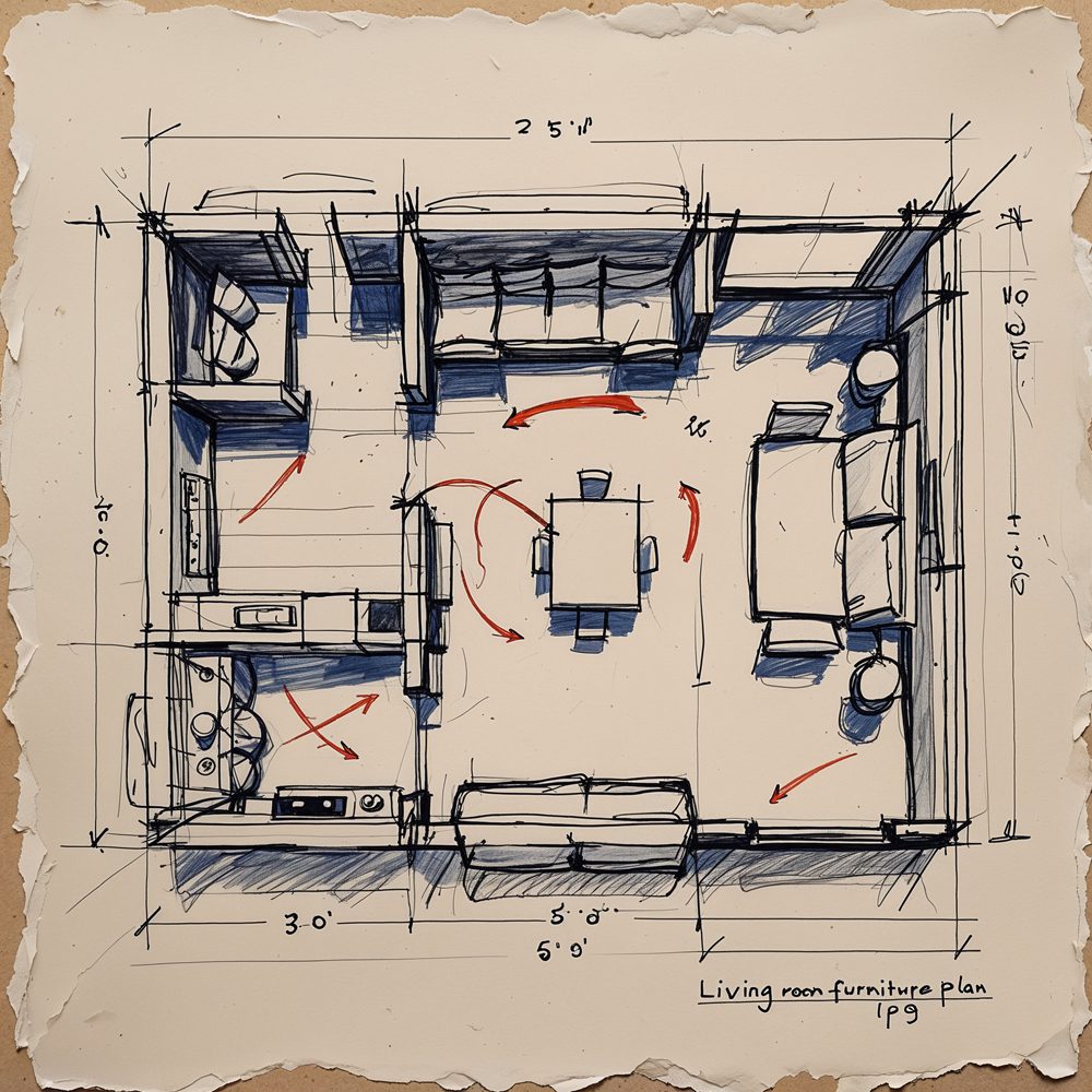 Living room furniture arrangement plan showing traffic flow