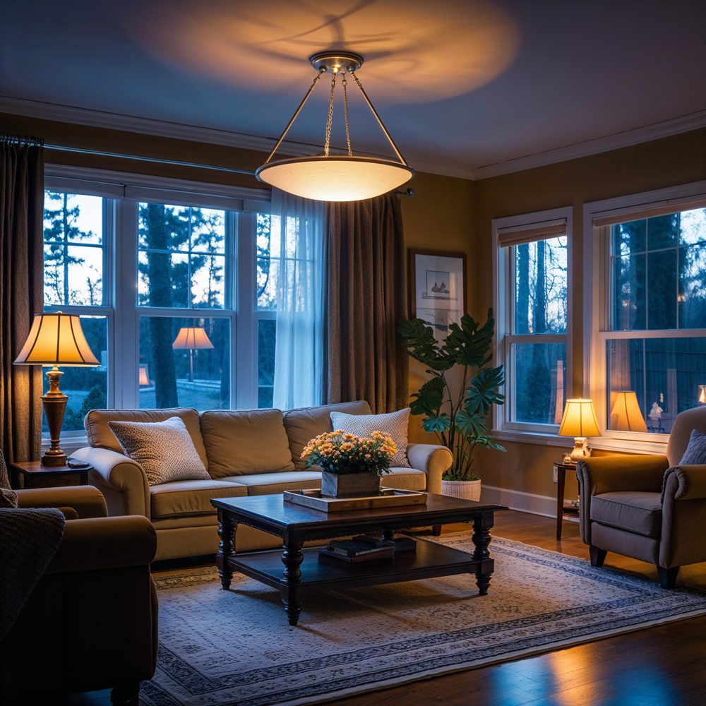 Living room lighting after - layered lighting design