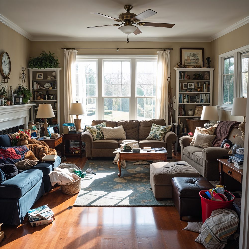 Original living room showing family chaos and lack of organization