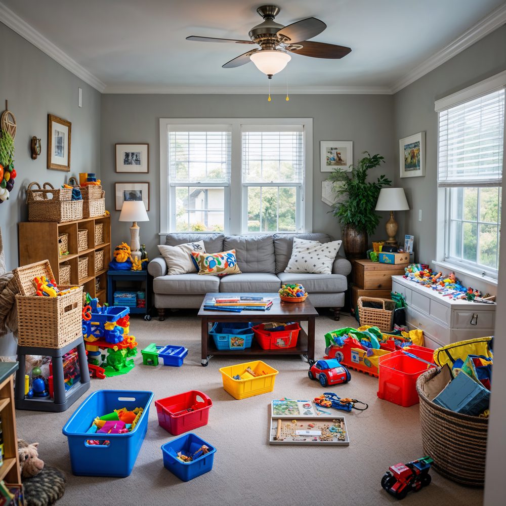 Living room storage after - organized built-in solutions