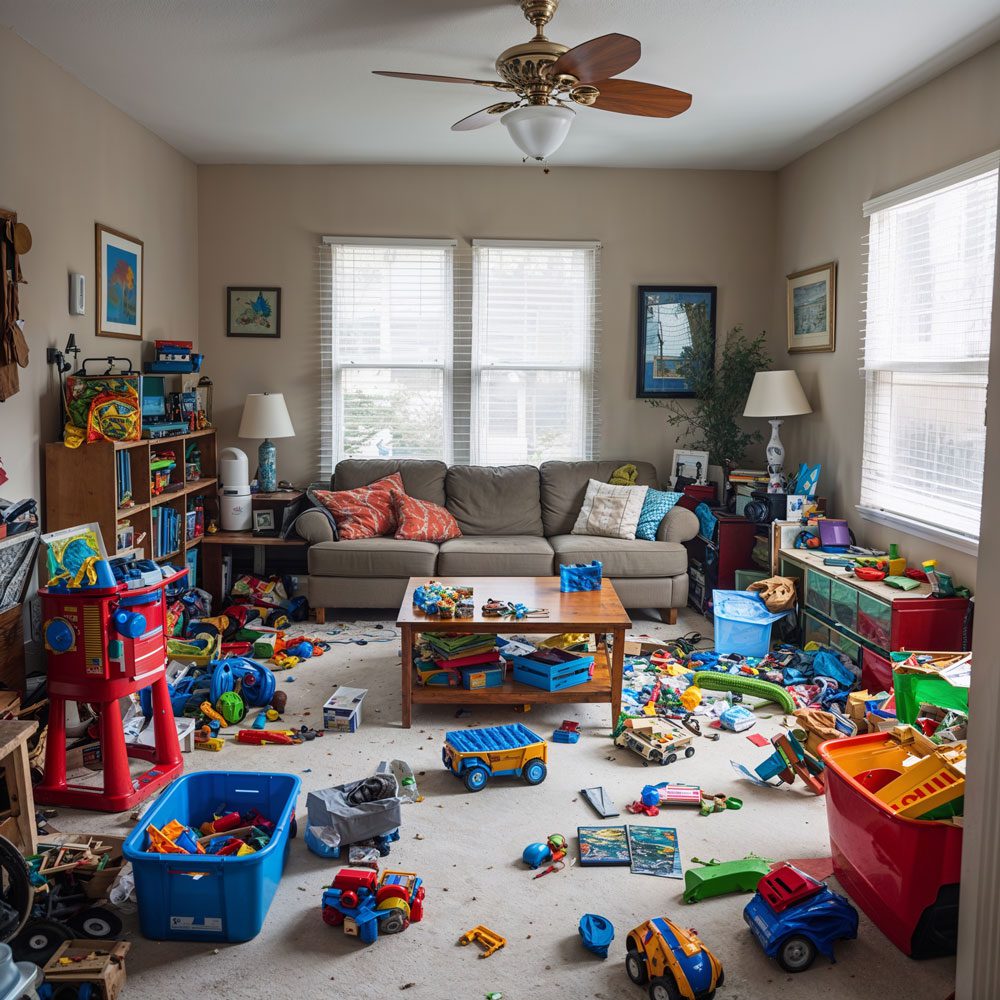 Living room storage before - toys and clutter everywhere