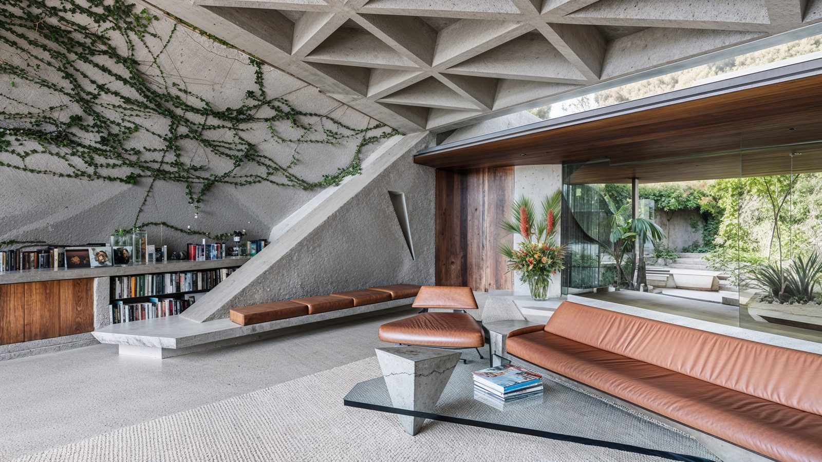 living room with geometric ceiling and integrated greenery