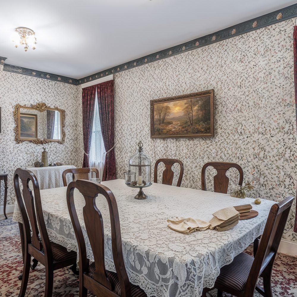 lizzie borden house dining room with lace and floral elegance