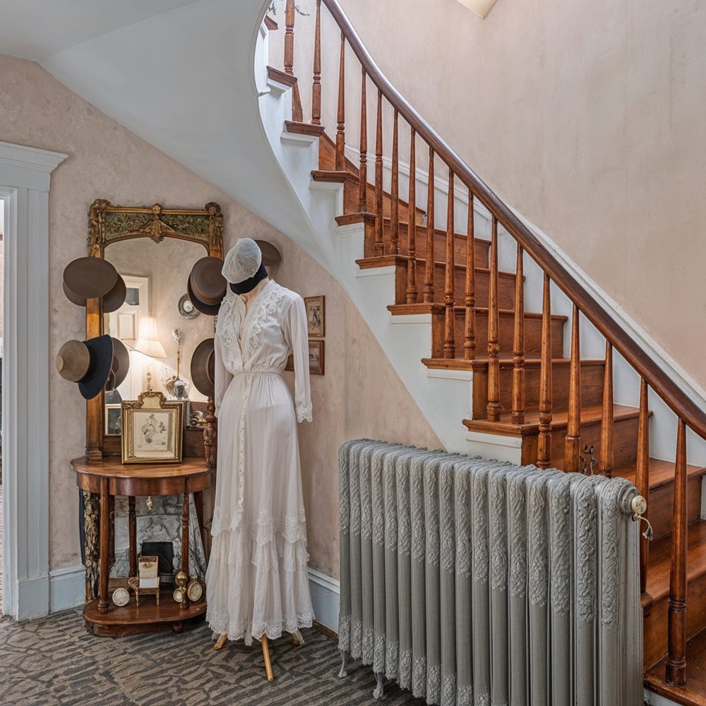 lizzie borden house entryway with victorian staircase historic