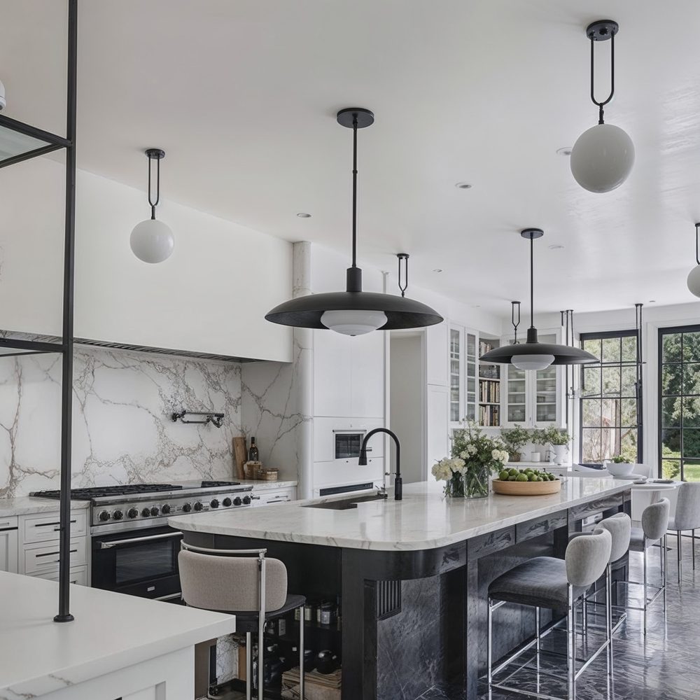 Luxurious Marble Kitchen With Expansive Island And Modern Pendan