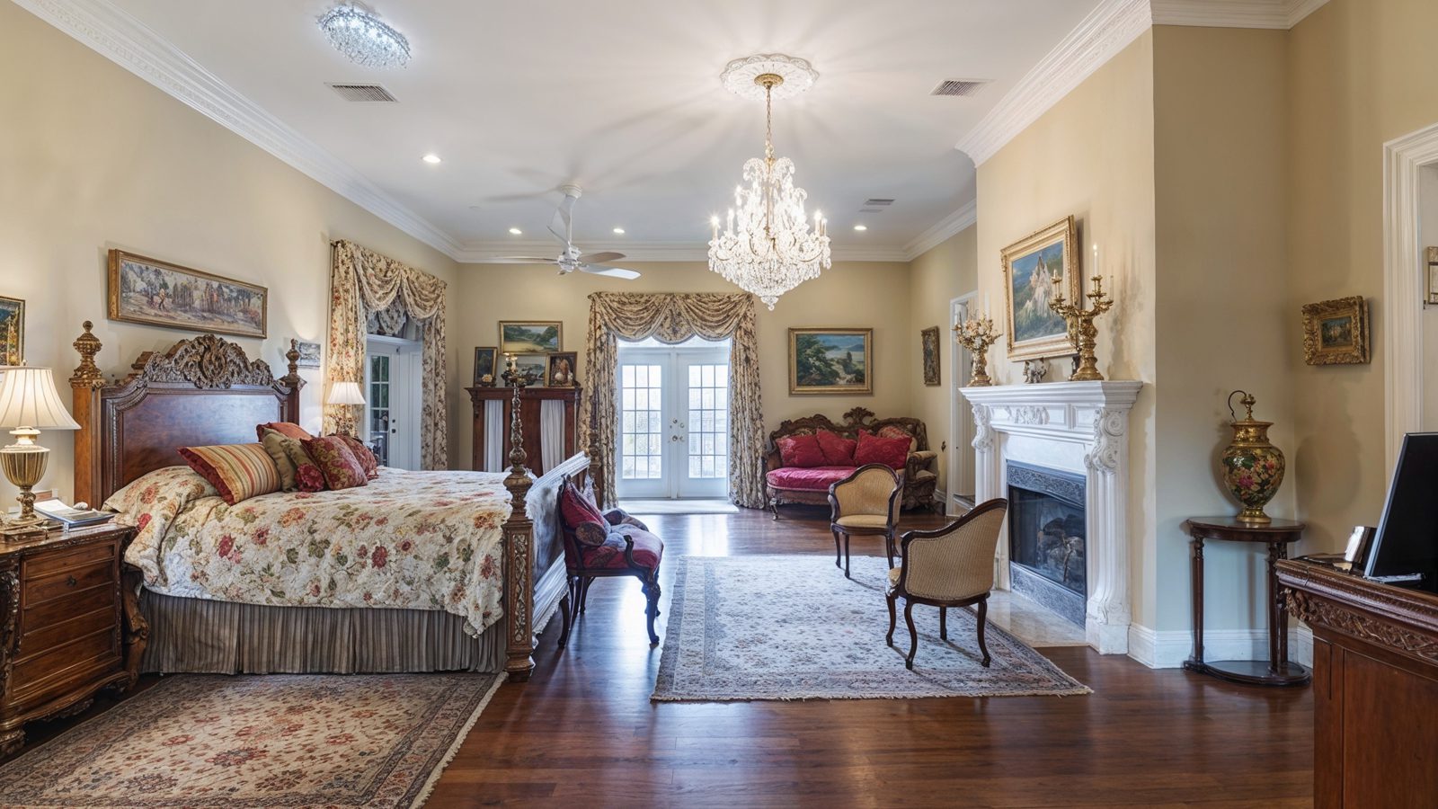 Luxurious Master Suite With Fireplace & Chandelier Elegance