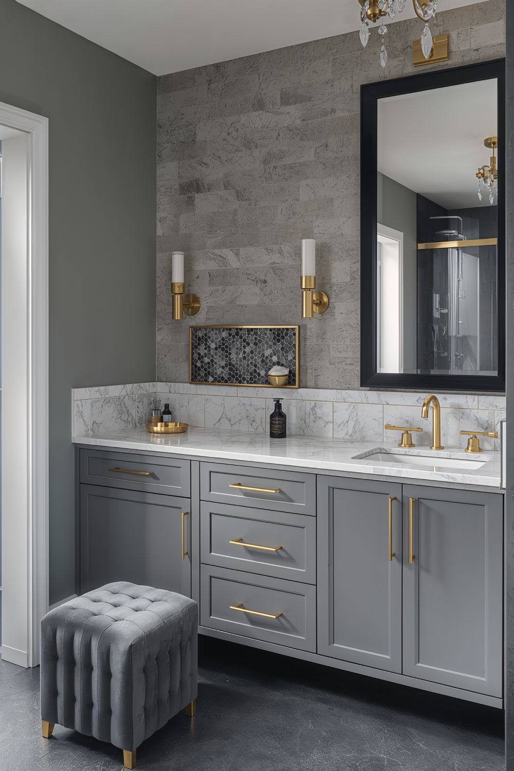 Luxury Grey Bathroom With Gold Hardware And Textured Finishes