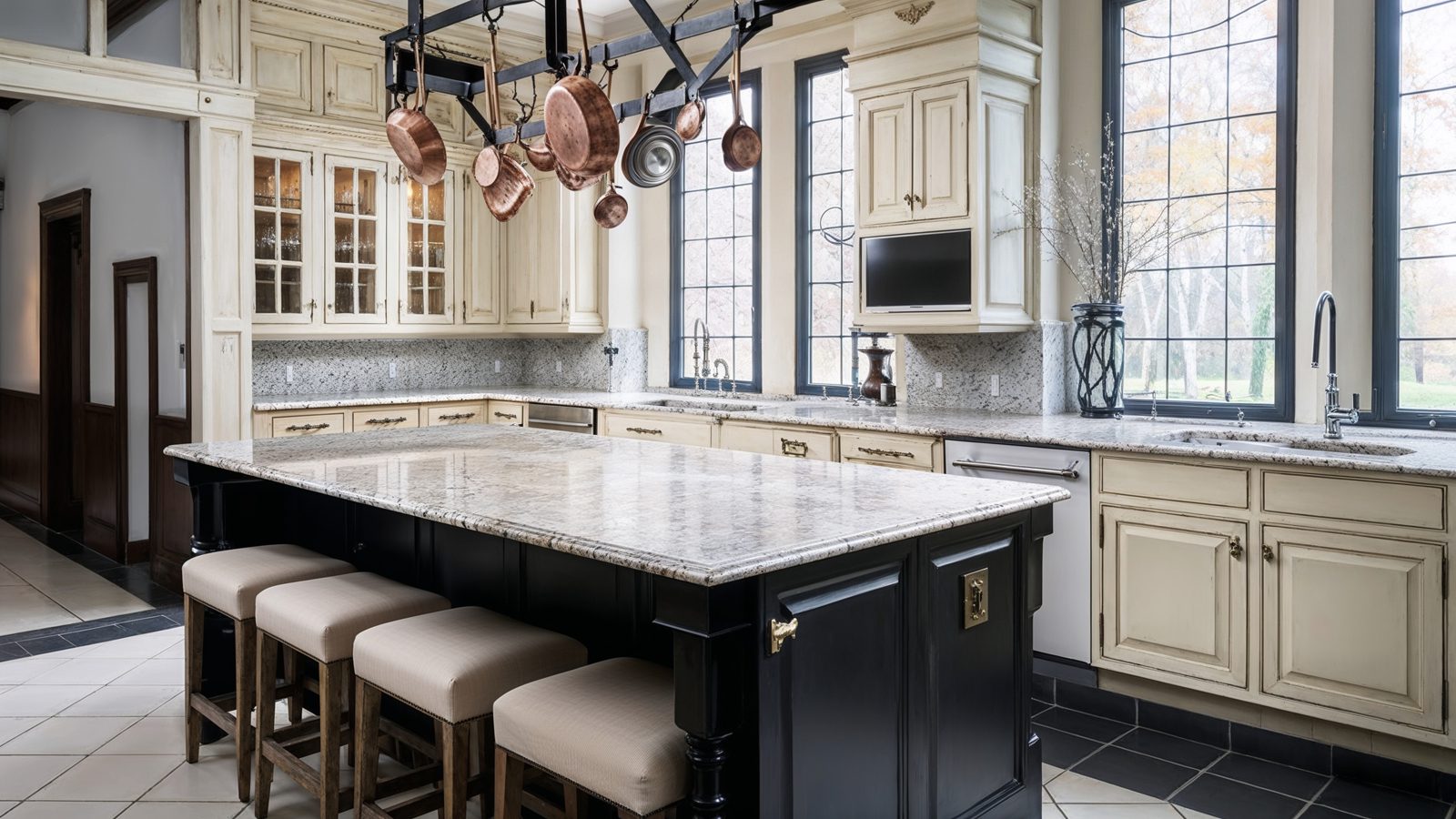 luxury kitchen with classic cream cabinetry and granite island