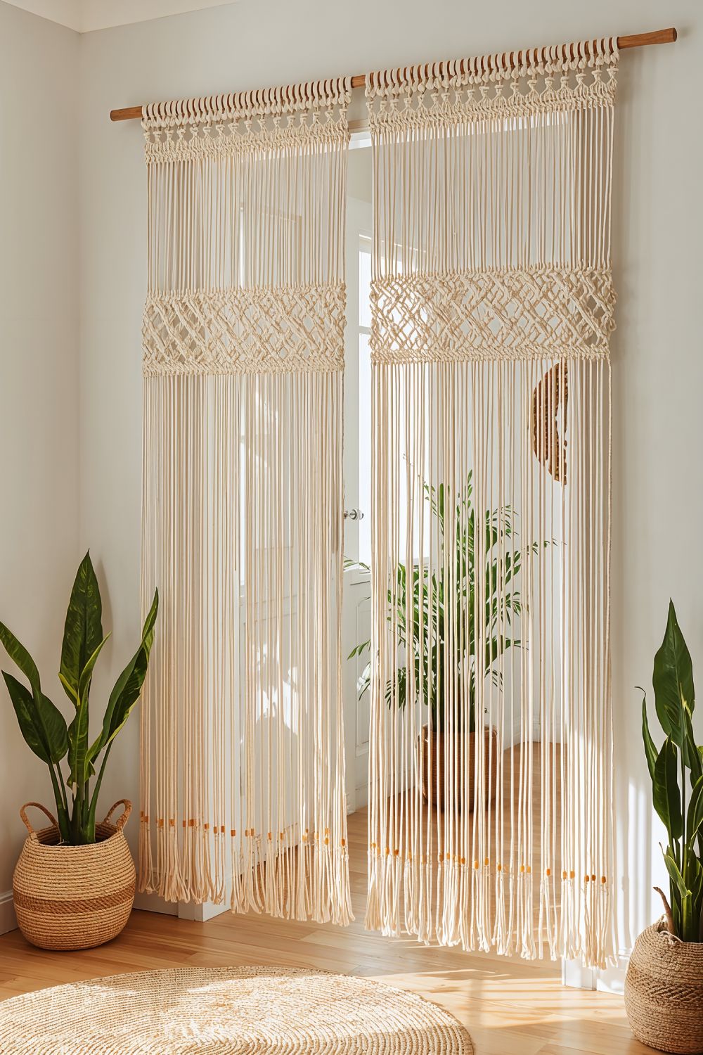 Macrame Door Curtains With Wooden Beads For Boho Entryways