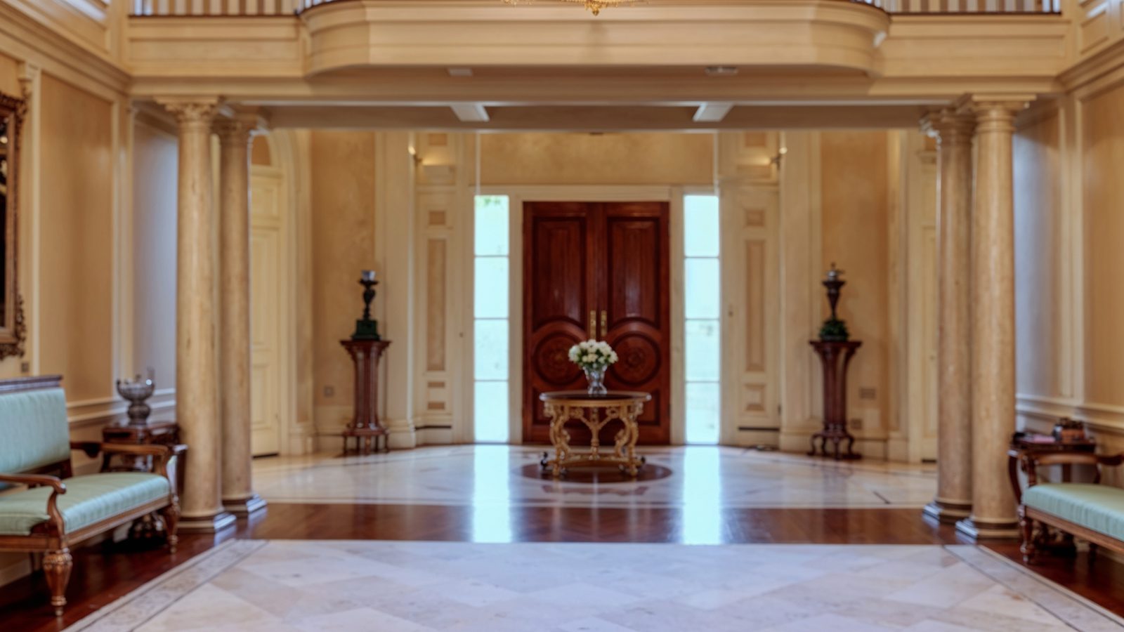 Majestic Foyer With Soaring Ceiling And Balcony Overlook