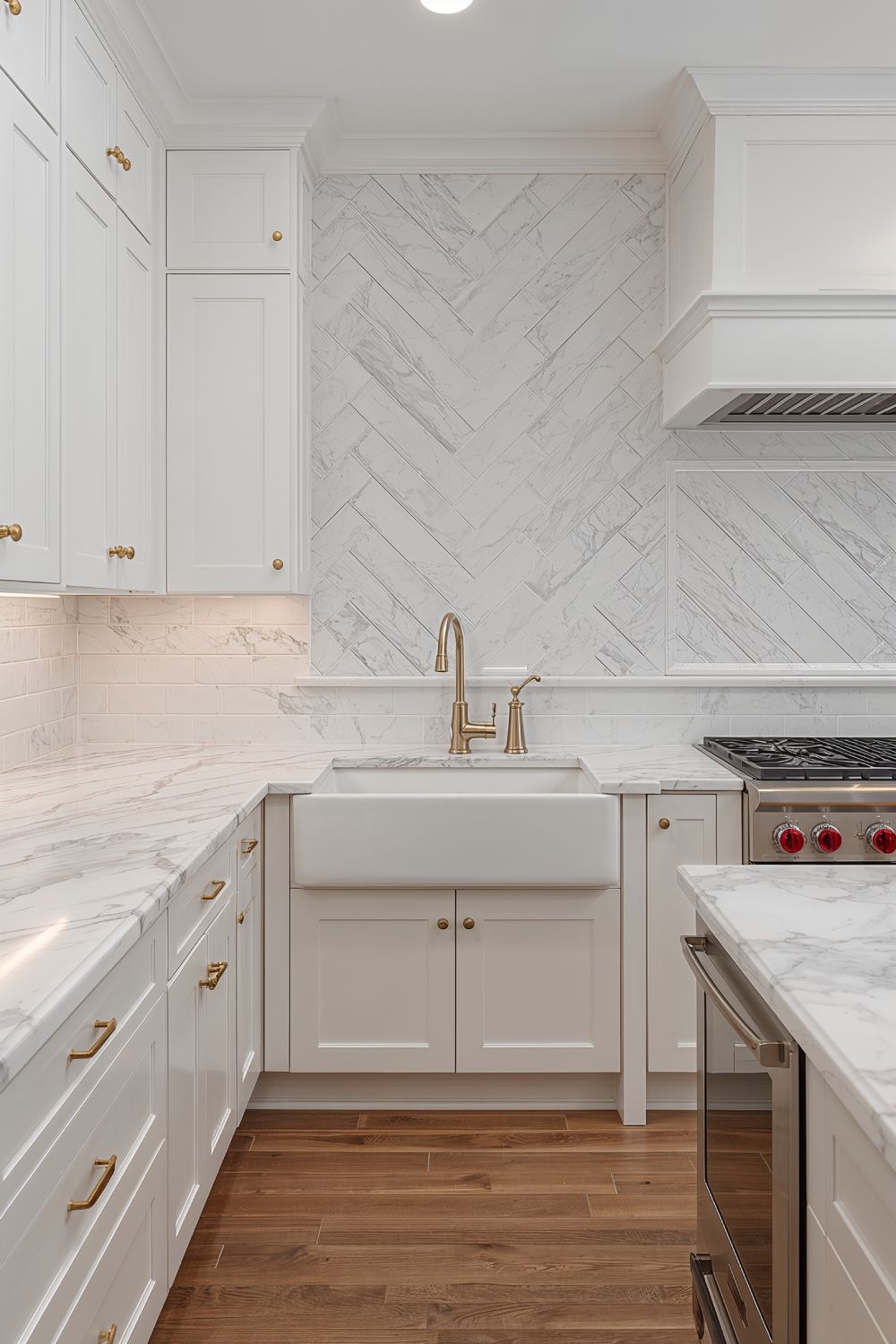 Marble Herringbone Backsplash Pattern For White Kitchen Cabinets