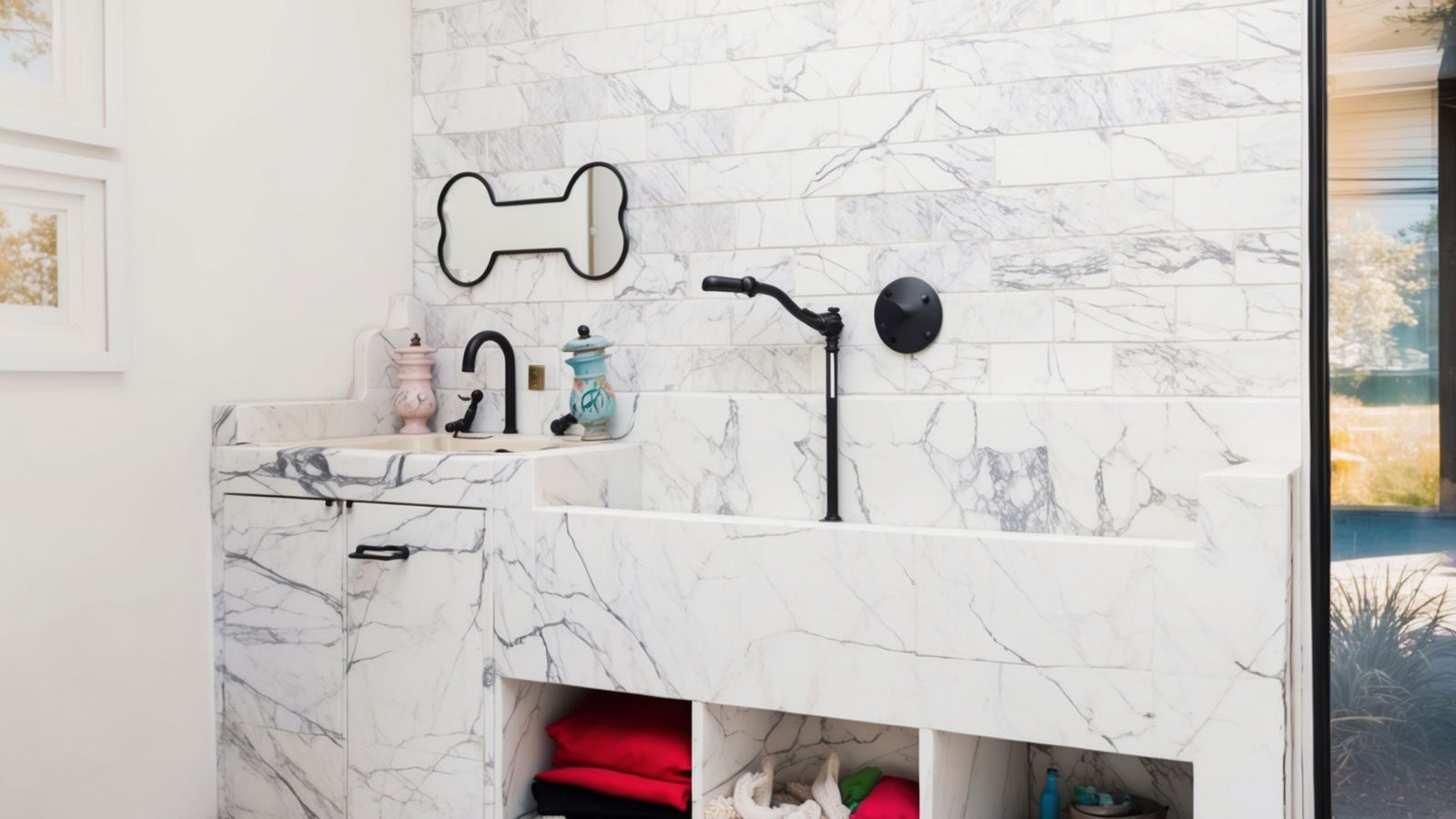 marble pet washing station with playful design