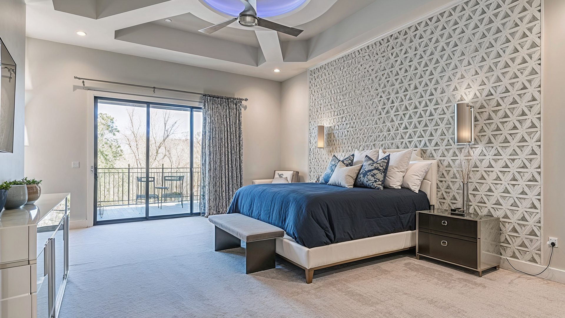 Master Bedroom With Geometric Accent Wall And Blue LED Ceiling F
