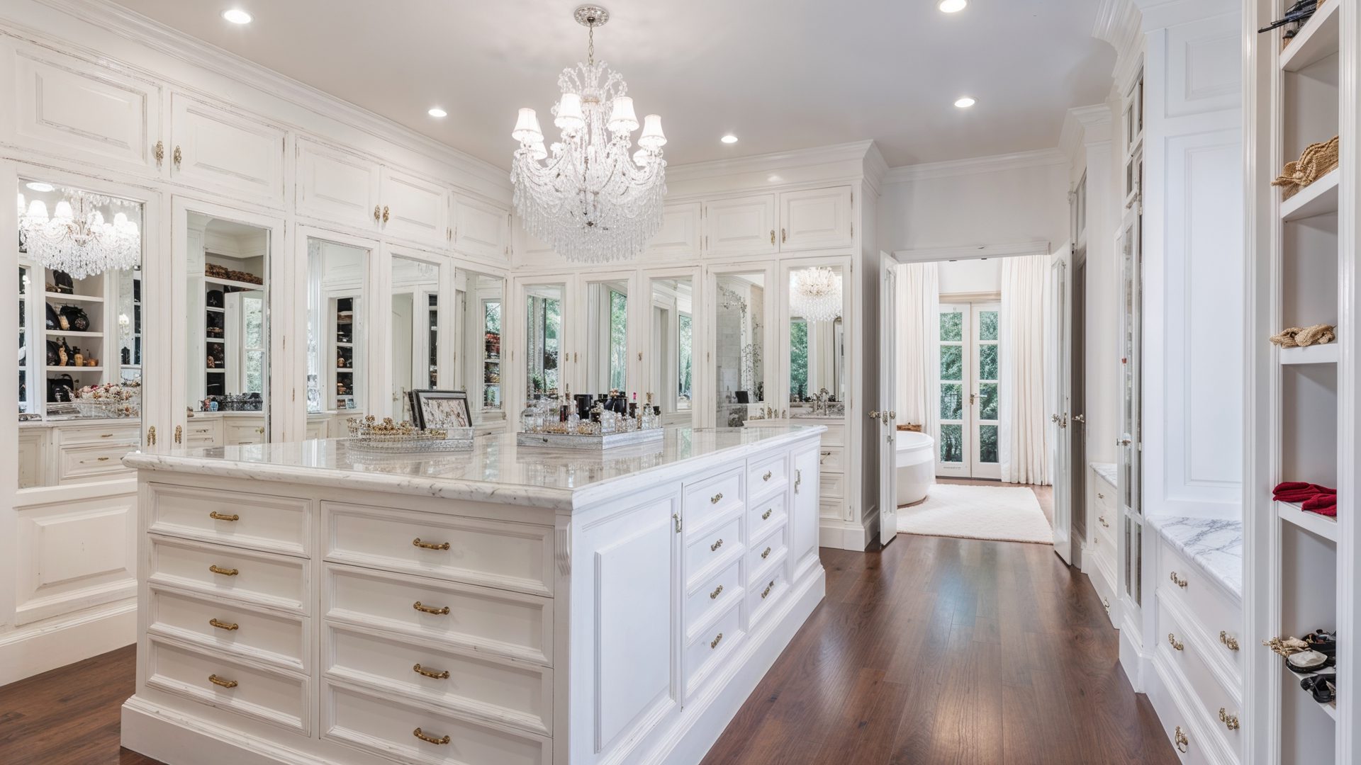 Master Dressing Room White Built Ins Crystal Chandelier