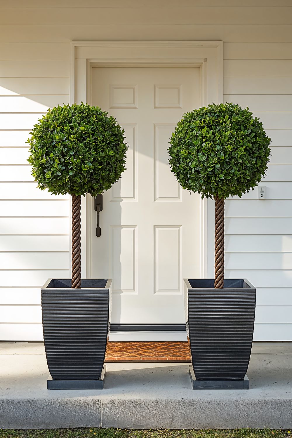Matching Boxwood Topiaries In Planters For Symmetrical Front Door