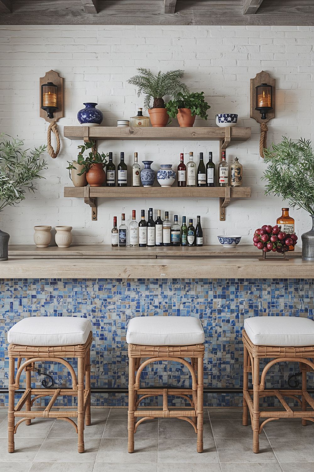 Mediterranean Coastal Man Cave Bar With Blue Mosaic Tile