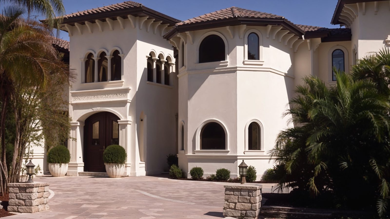 mediterranean mansion exterior with palm lined driveway
