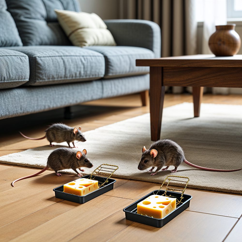 mice avoiding traps in a living room