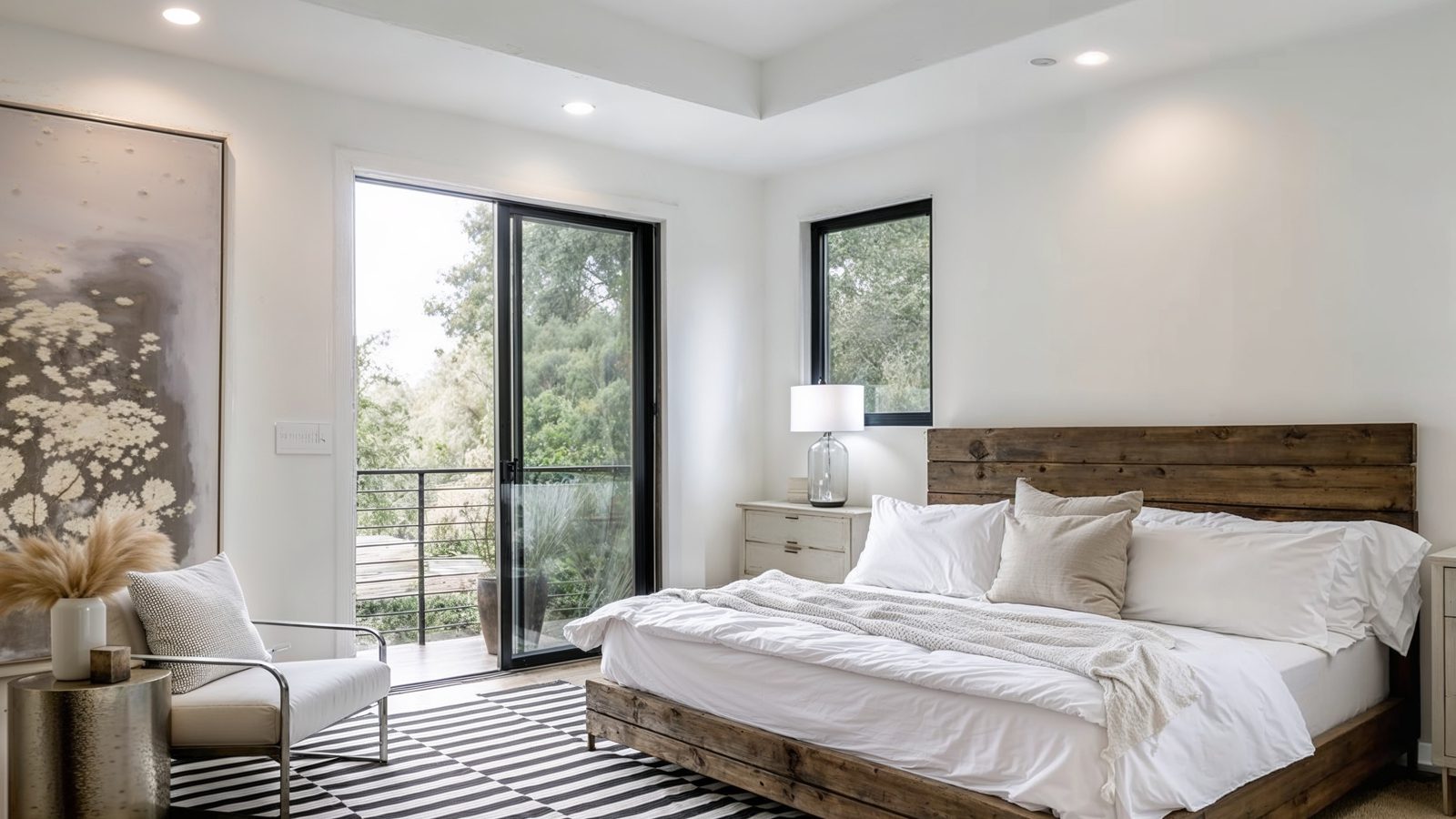 minimalist master bedroom with balcony access
