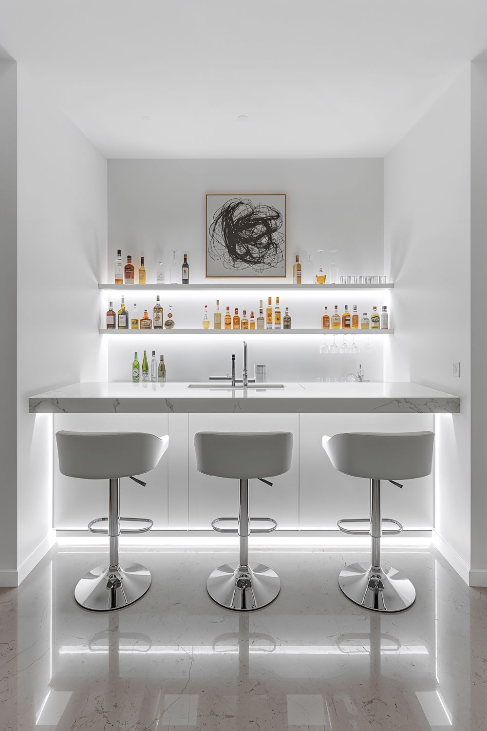 Minimalist Modern Home Bar With Floating White Quartz Counter