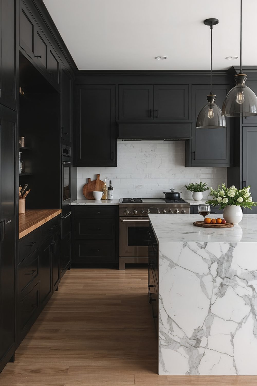 Mixed Material Countertops With Black Cabinets Kitchen