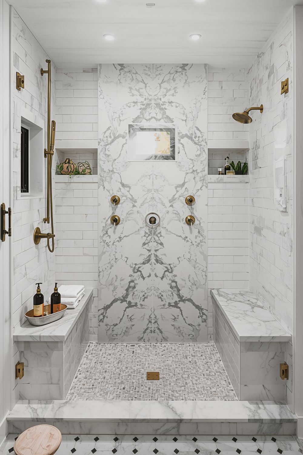 Mixed Material Farmhouse Shower With Natural Stone Feature Wall