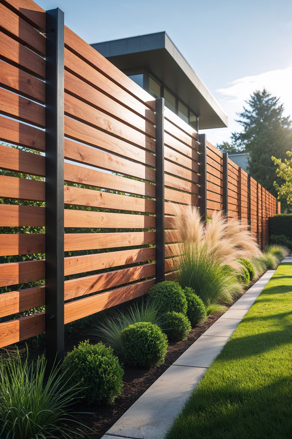 Modern 4 Foot Horizontal Slat Fence With Cedar Planks