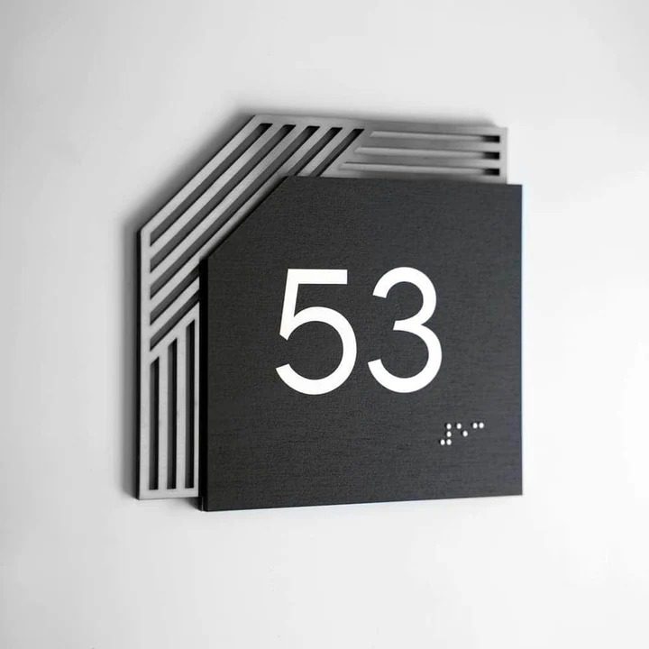 Modern Black Room Number Sign With Braille And Geometric Frame