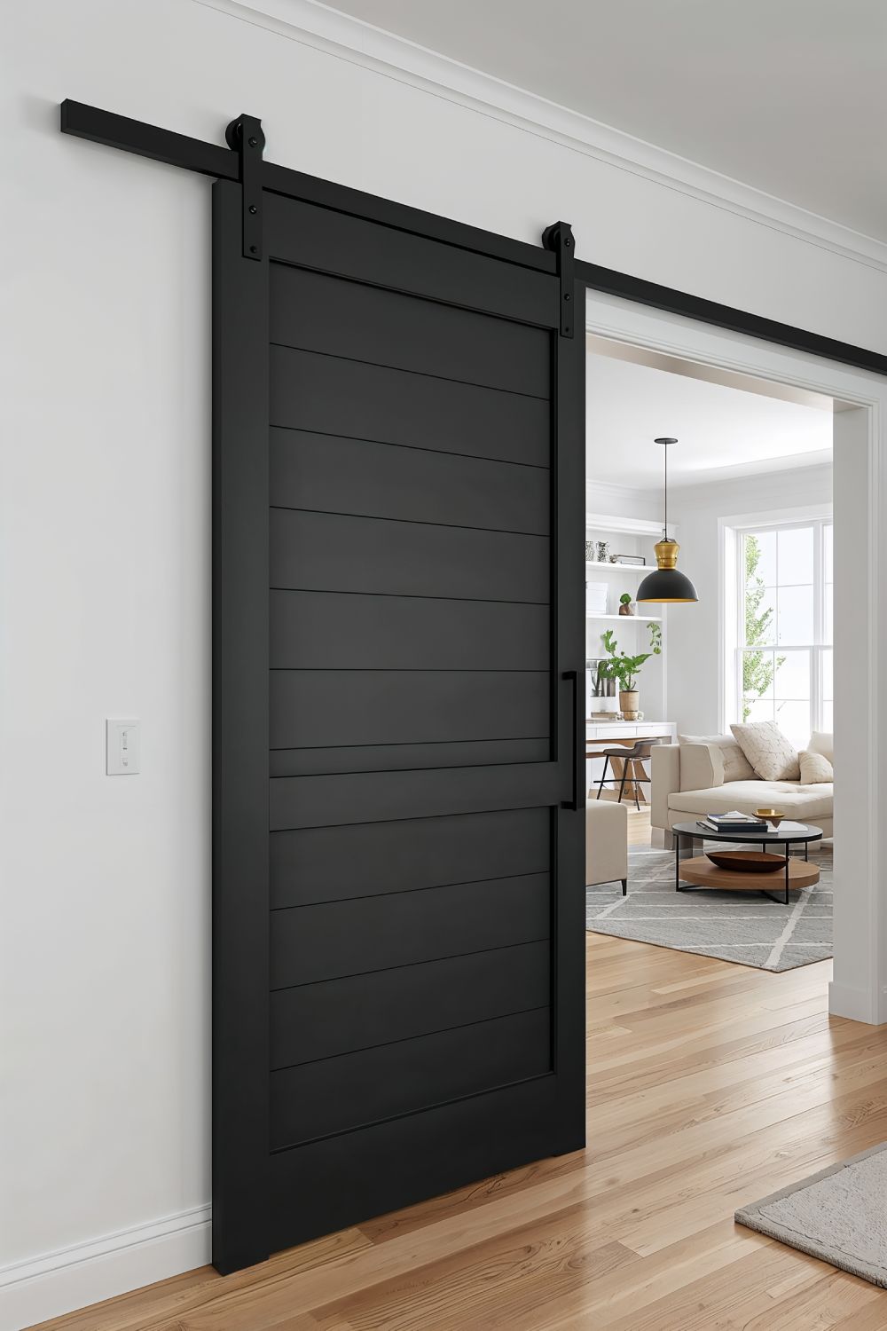 Modern Black Sliding Barn Door In Contemporary Living Room