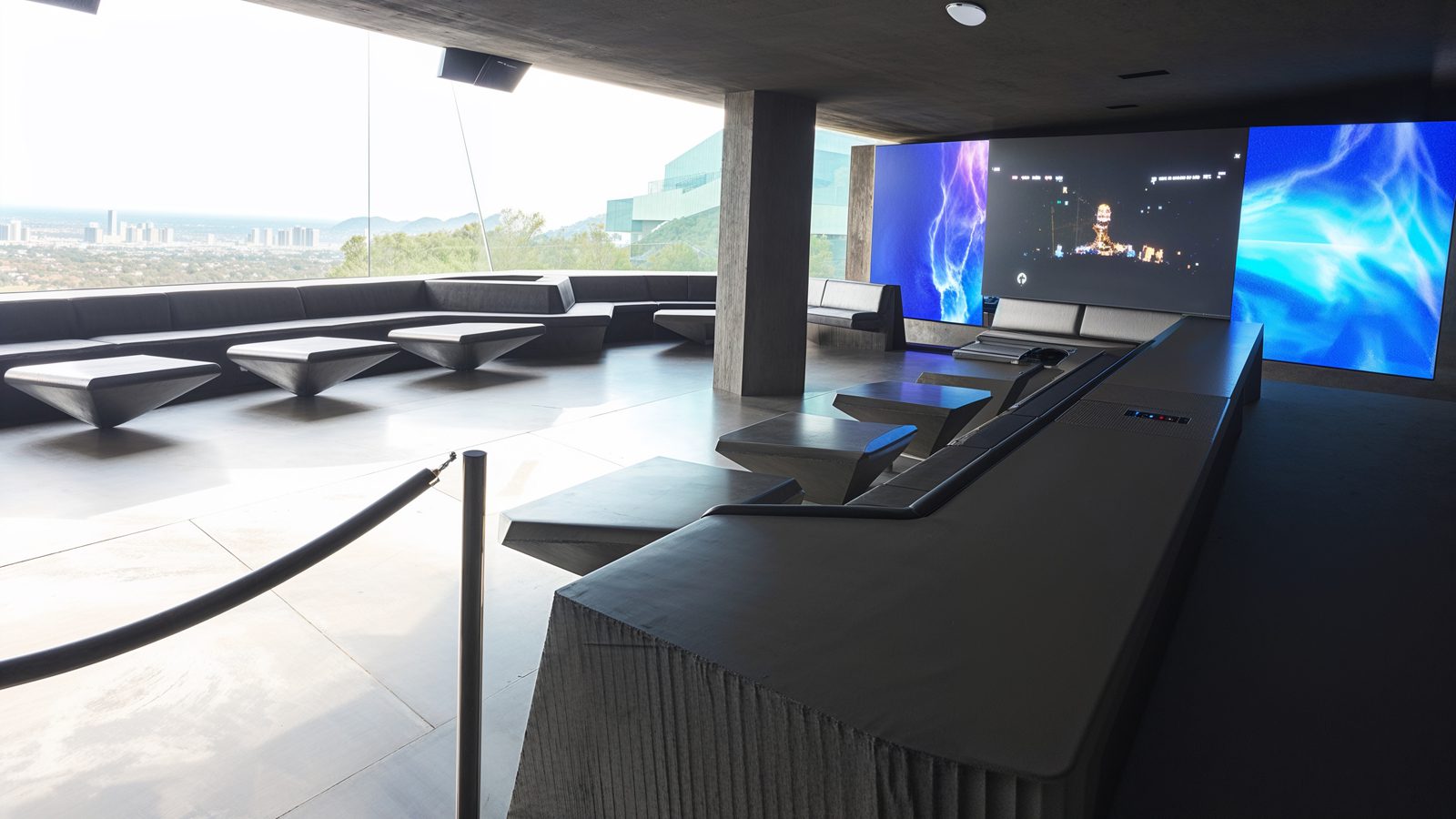 modern entertainment room with city views