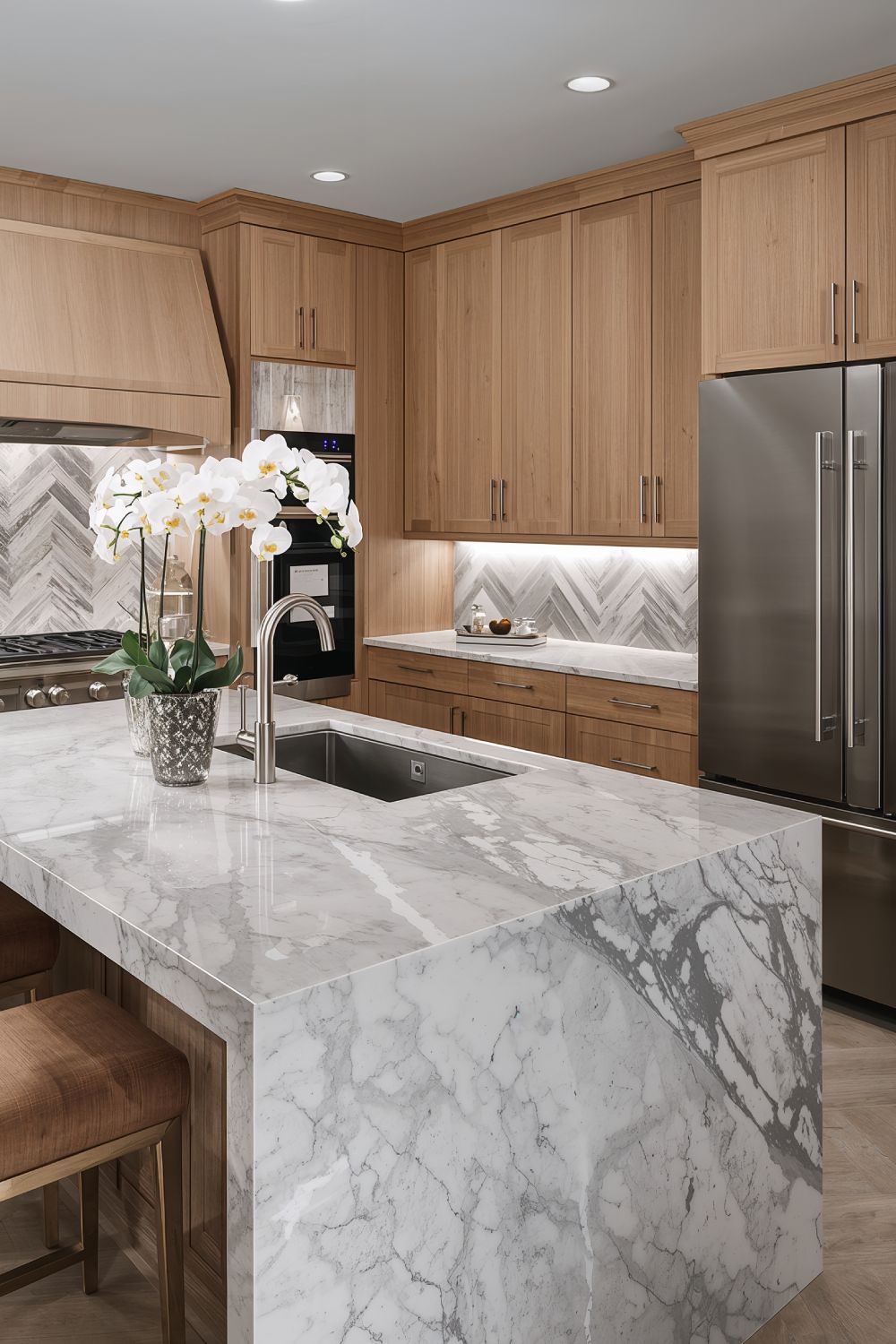 Modern Gray Quartzite Counters Transform Oak Cabinet Kitchens