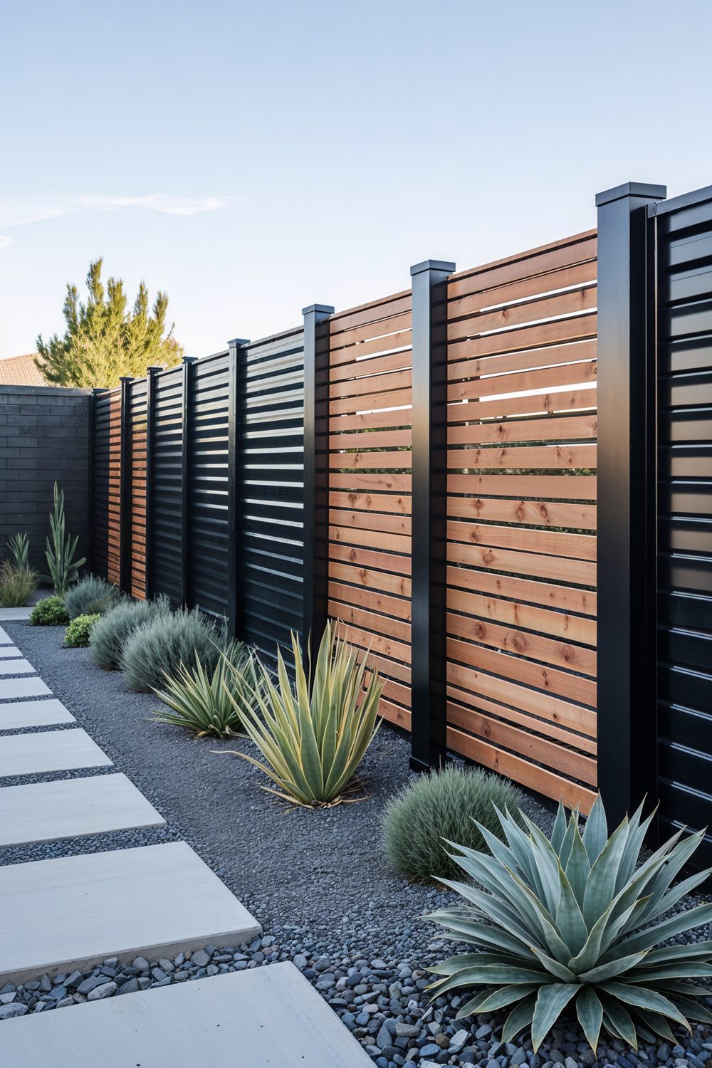 Modern Mixed Material 8 Foot Privacy Fence With Wood And Metal