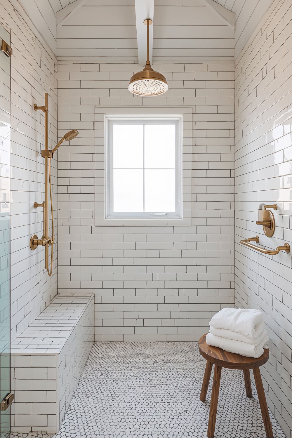 Modern White Subway Tile Farmhouse Shower With Dark Grout