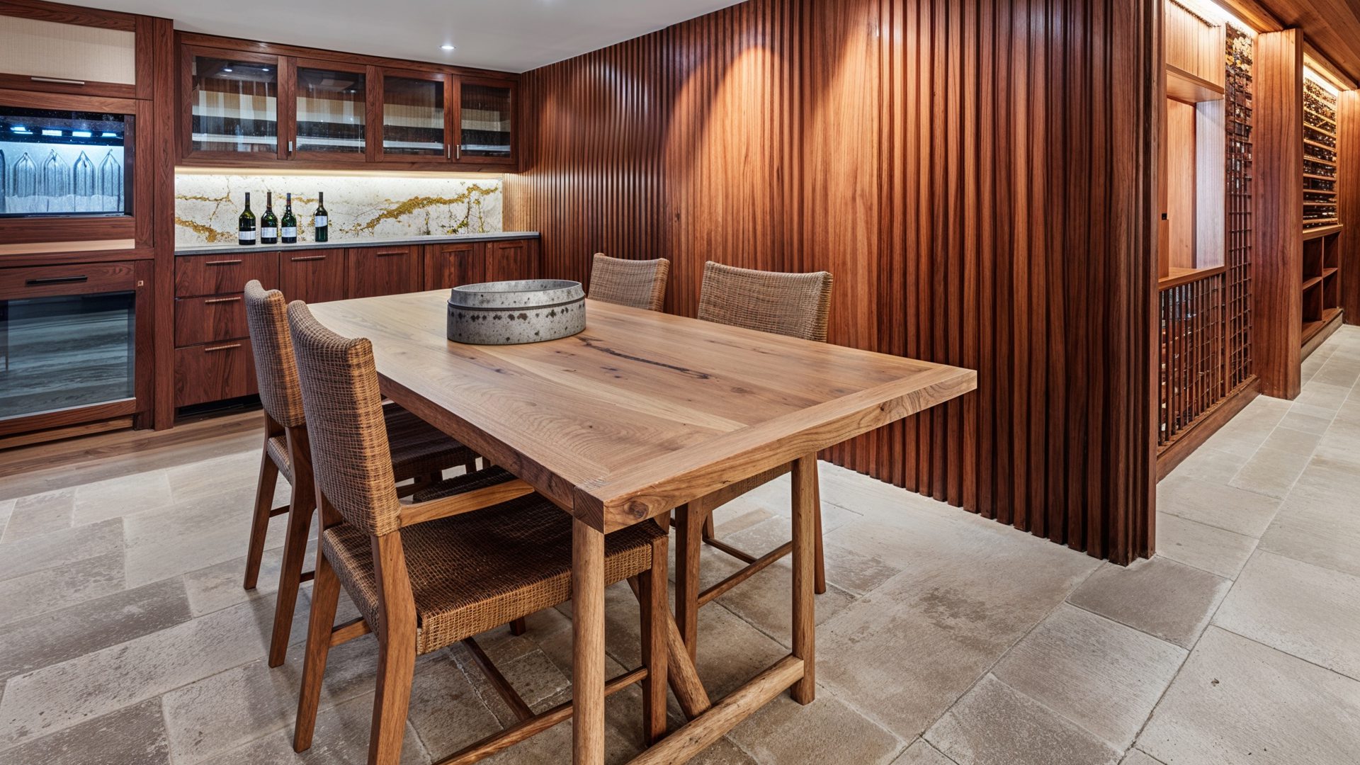 Modern Wine Tasting Lounge With Vertical Wood Paneling