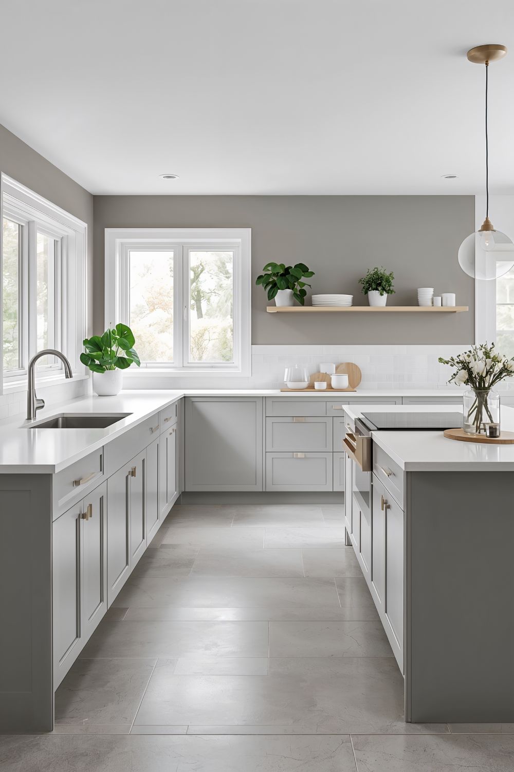 Monochromatic Kitchen With Agreeable Gray Cabinets At 50% Strength Against Agreeable Gray Walls