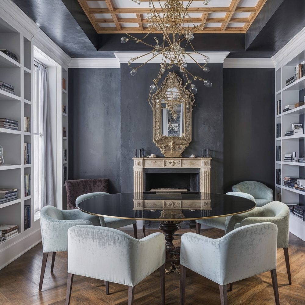 Moody And Dramatic Library With Built In Bookshelves And Velvet