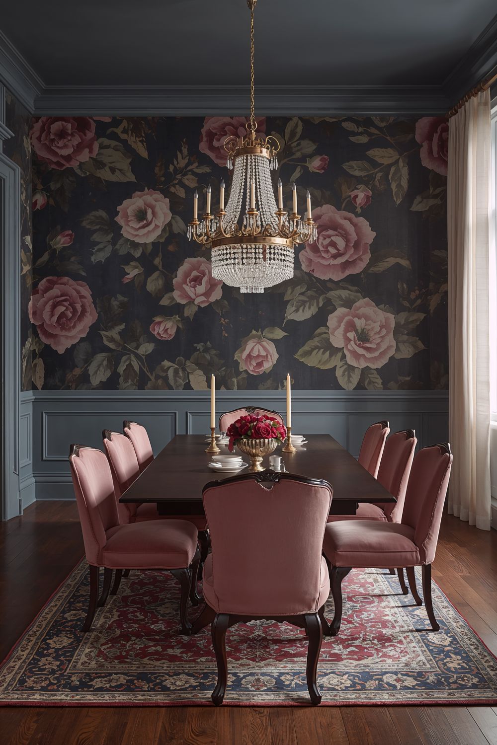Moody Floral Wallpaper Dining Room With Vintage Crystal Chandelier
