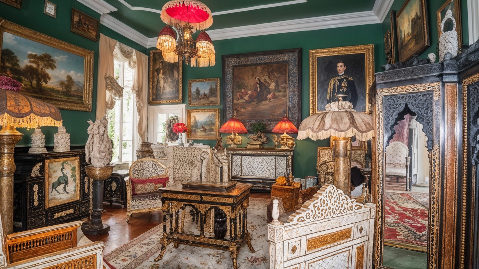 Moorish Inspired Green Parlor With Middle Eastern Antiques