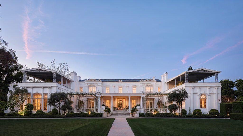 Grand Front View Of Casa Encantada Mansion In Bel Air
